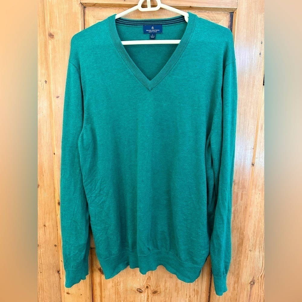 Brooks Brothers 100% Supima Cotton Mens Green V-Neck Pullover Sweater Size Large